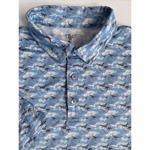 1764 Men's Large Blue White Gray Bird Graphic Print Short Sleeve Polo‎ Shirt